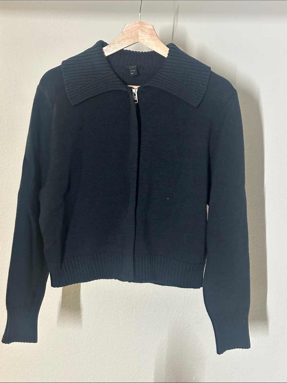 COS Zip-Up Knit Cardigan with Wide Ribbed Collar - Dark Green
